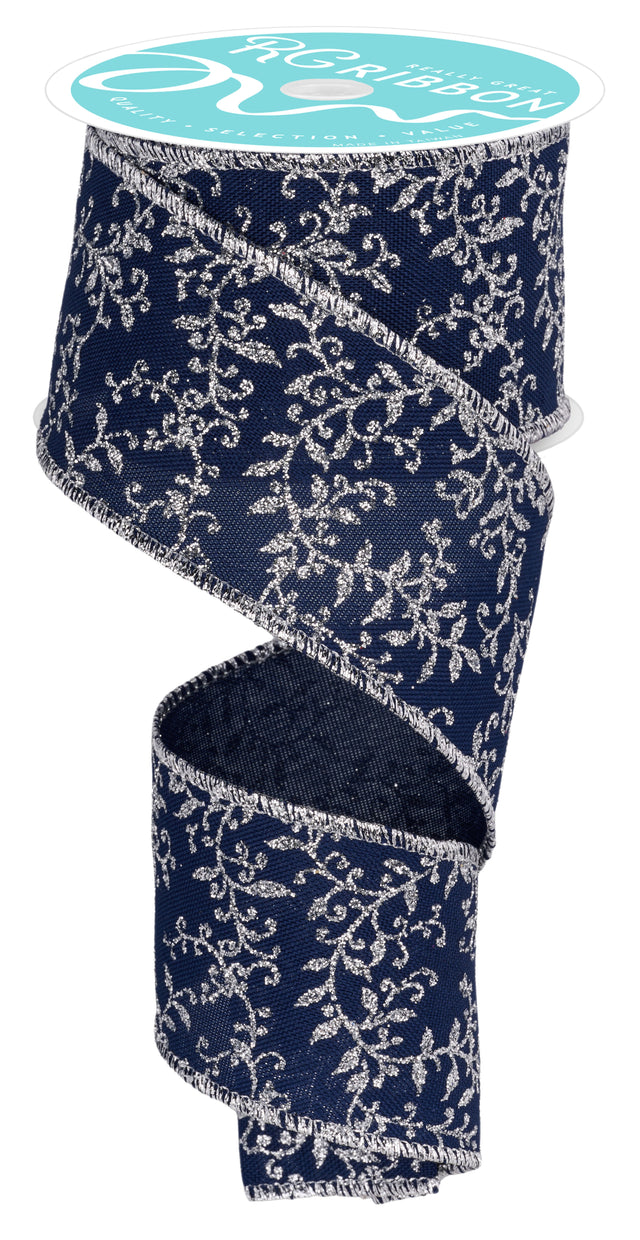 Navy Blue ribbon with a silver mini leaf vine design throughout. Features a silver wired edge.
