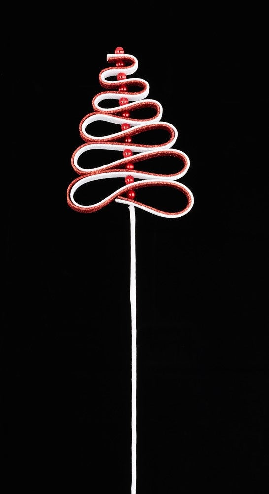 Twisty pick spray designed to look like red and white ribbon candy with metallic red baubles.