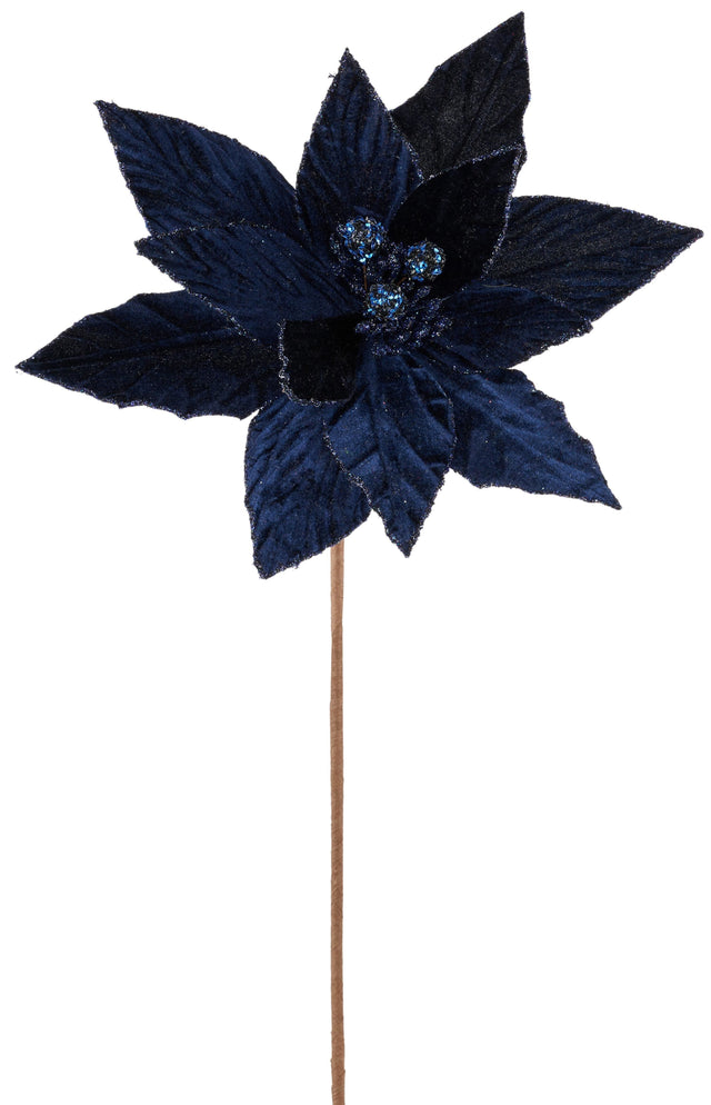 This image shows a dark blue colored fake poinsettia on a stem. The inside and the edges are covered in glitter.
