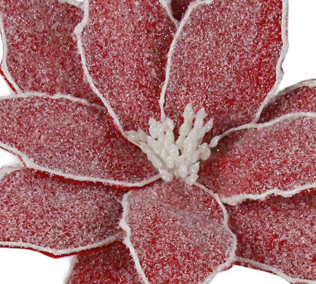Red and white felt poinsettia pick stem. The middle of the poinsettia is white glitter.