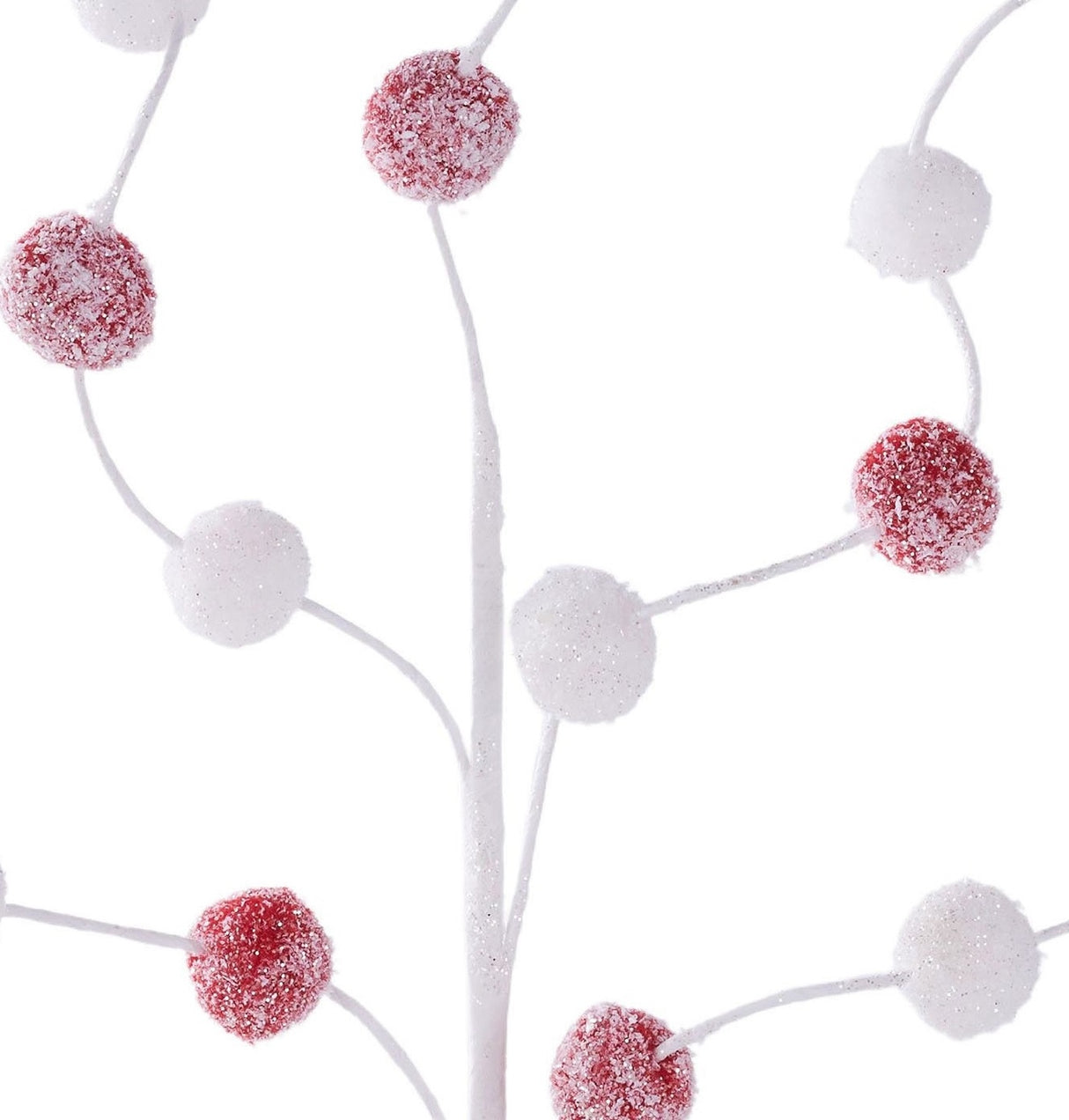 One white stem with five white branches coming off of it. On the branches, there are red and white, glitter covered pompoms on the branches.