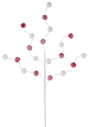 One white stem with five white branches coming off of it. On the branches, there are red and white, glitter covered pompoms on the branches.