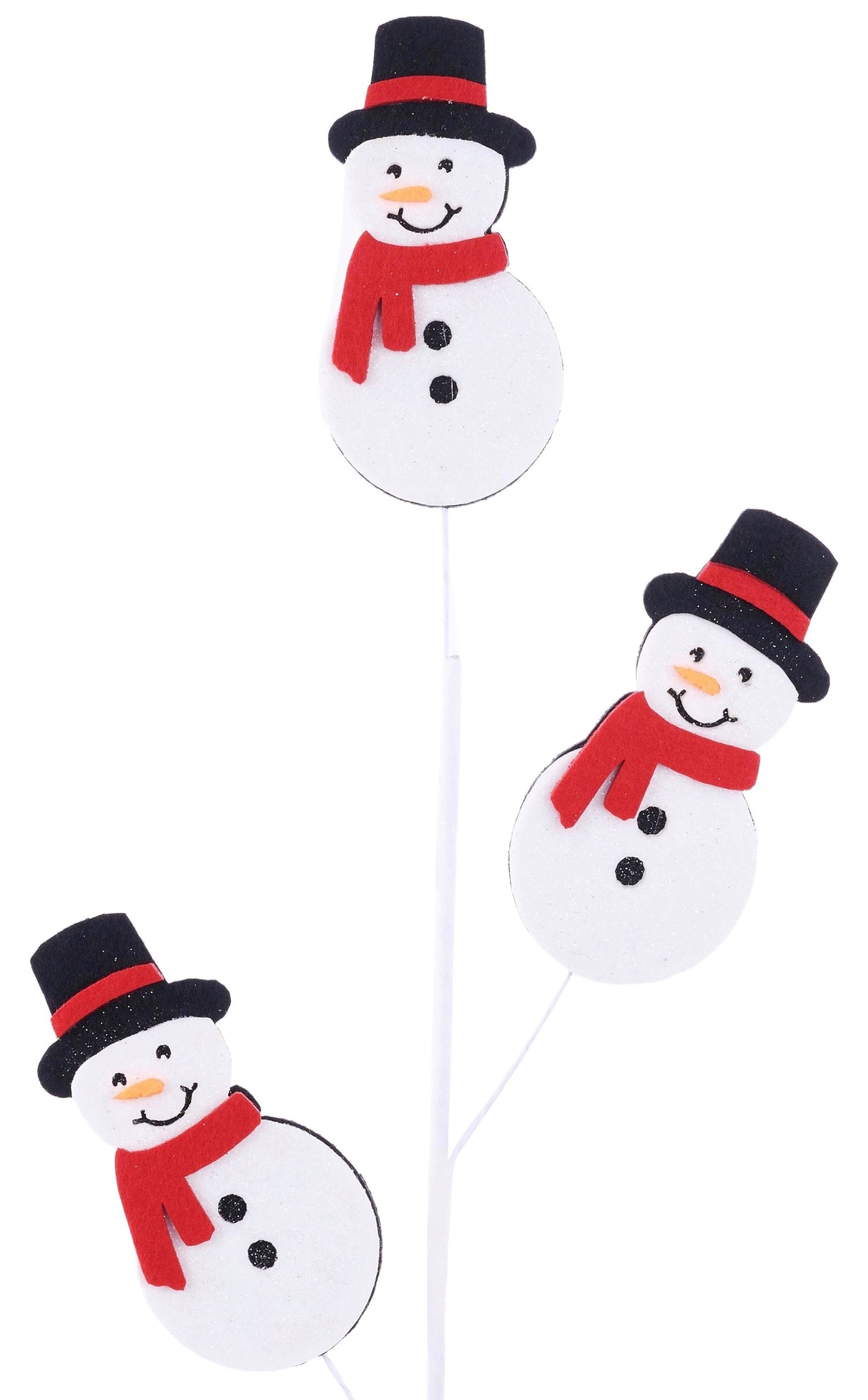 Decorative pick spray with three smiling snowmen wearing black top hats and red scarves.