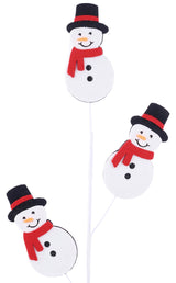 Decorative pick spray with three smiling snowmen wearing black top hats and red scarves.