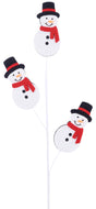 Decorative pick spray with three smiling snowmen wearing black top hats and red scarves.