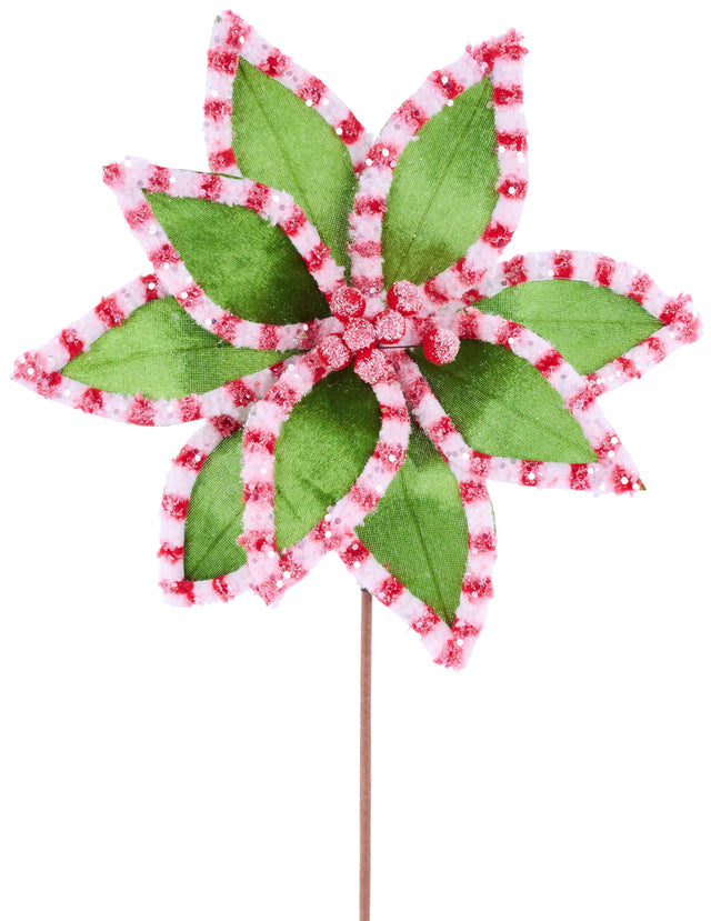 Pick spray features green petals with red and pink edges and faux sugar crystals and red berries in the center.