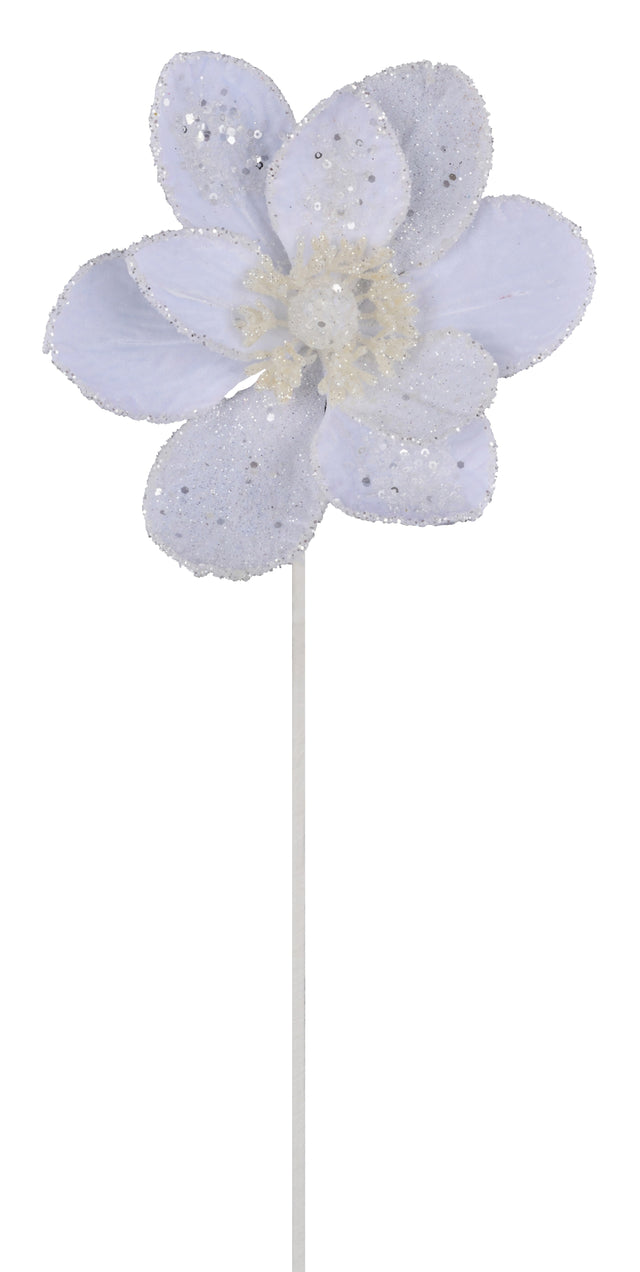 White velvet pick spray designed to look like a magnolia flower covered in glitter.