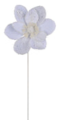 White velvet pick spray designed to look like a magnolia flower covered in glitter.