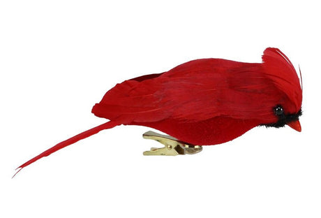 Small red clip on Christmas tree ornament shaped like a feathered cardinal.