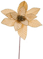 Gold artificial poinsettia for decorating. The borders of the petals and the center is covered in gold glitter.