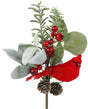 Pick spray decorated with flocked silk lamb's ear leaves, a plastic rosemary plant, plastic berries and pine cones.