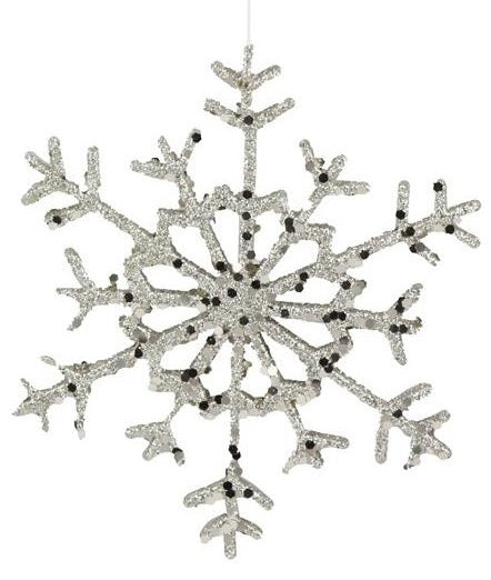 Ornament shaped like a snowflake covered in champagne glitter. There are two different styles.