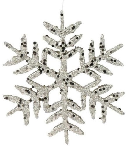 Ornament shaped like a snowflake covered in champagne glitter. There are two different styles.