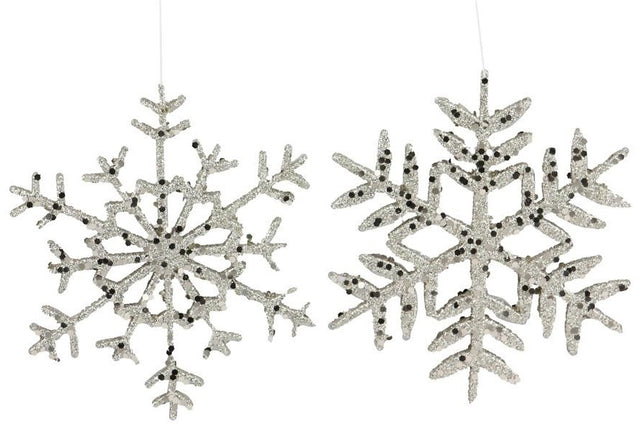 Ornament shaped like a snowflake covered in champagne glitter. There are two different styles.