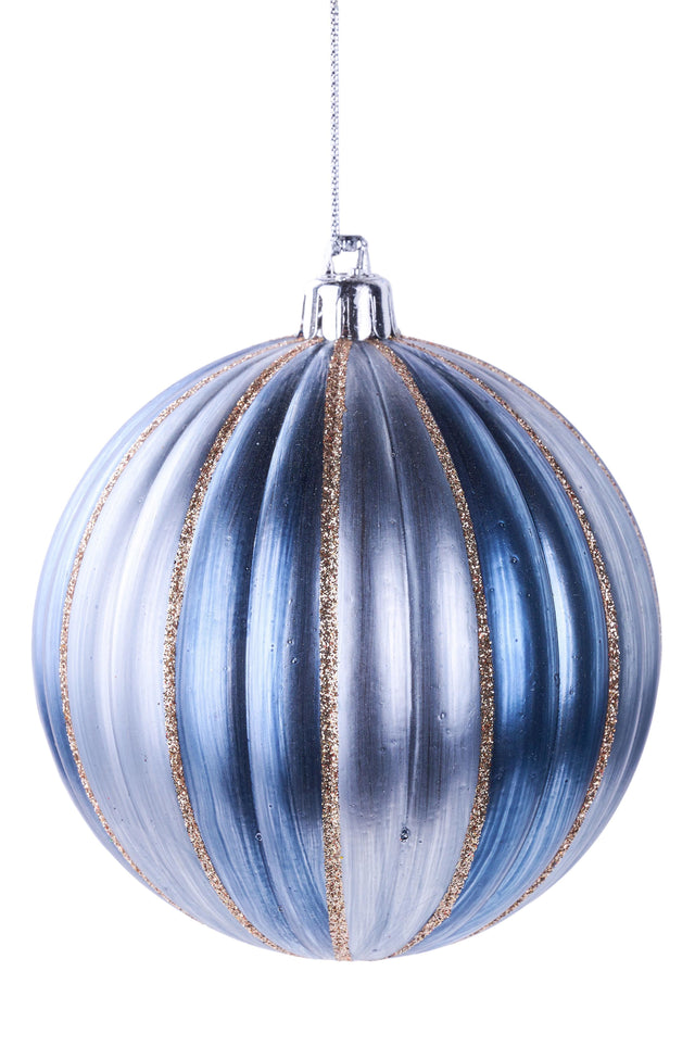Round ornament with dark blue, light blue and gold glitter vertical stripes.