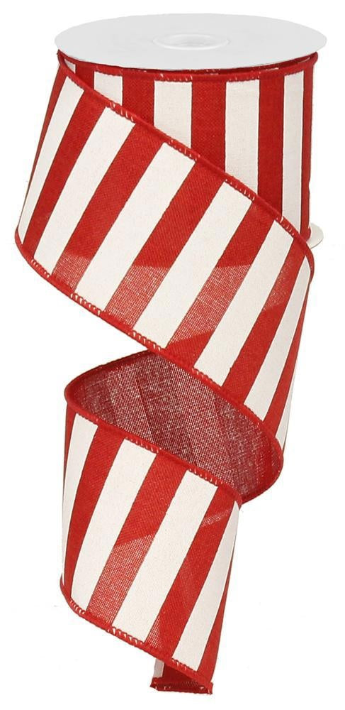 Red and white striped polyester ribbon with red wired edges.
