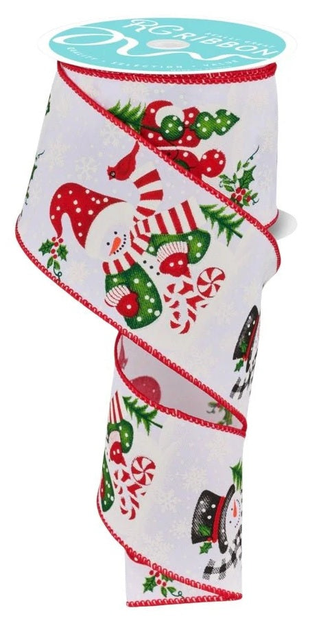 White linen ribbon with red, wired edges. There are different types of happy snowmen all around the ribbon. The colors are red, white, green, black and the carrot noses are orange.