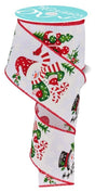 White linen ribbon with red, wired edges. There are different types of happy snowmen all around the ribbon. The colors are red, white, green, black and the carrot noses are orange.