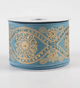 10 Yards of Smoke Blue & Gold Deluxe Wavy Floral Ribbon