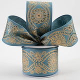 10 Yards of Smoke Blue & Gold Deluxe Wavy Floral Ribbon