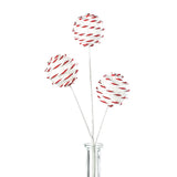 Pick spray with three white glitter balls with red and white stripes.