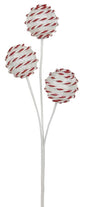 Pick spray with three white glitter balls with red and white stripes.