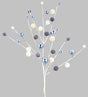 Decorative pick spray with white branches and pearl white, pewter and icy blue colored balls on them.