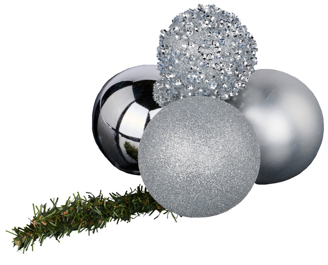 Ball cluster decoration consisting of round baubles with a pine hanger. Baubles are dark silver, silver tinsel, silver glitter and matt silver.