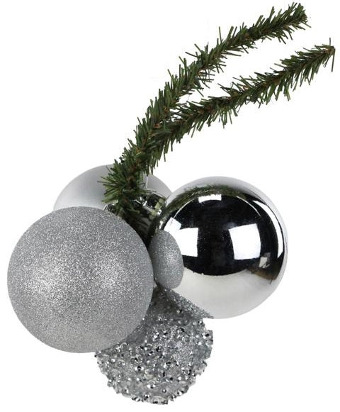 Ball cluster decoration consisting of round baubles with a pine hanger. Baubles are dark silver, silver tinsel, silver glitter and matt silver.