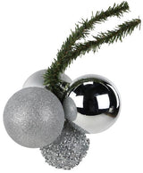 Ball cluster decoration consisting of round baubles with a pine hanger. Baubles are dark silver, silver tinsel, silver glitter and matt silver.