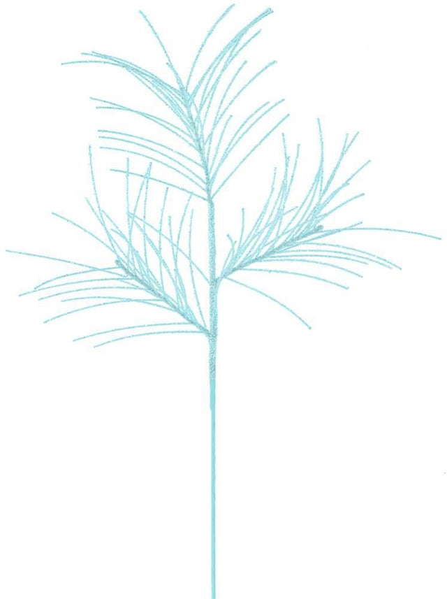 Pick spray designed to look like pine needles on a skinny branch. Decorated with icy blue glitter.