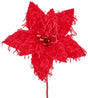 Furry red poinsettia-shaped pick spray with red glitter in the center.