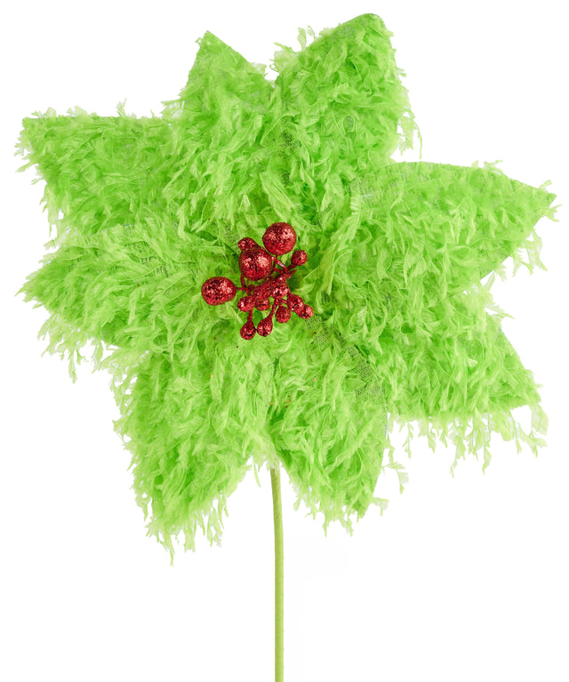 Furry lime green poinsettia-shaped flower pick with red glitter in the center.