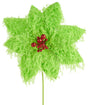 Furry lime green poinsettia-shaped flower pick with red glitter in the center.