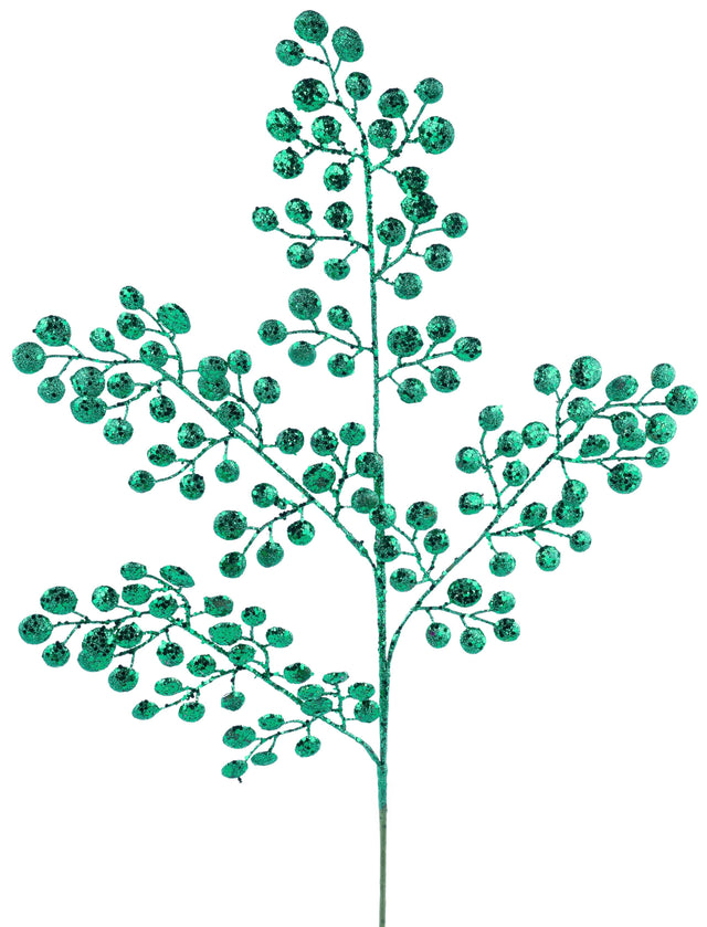Pick spray designed to look like stems with rounded leaves. Covered in emerald green glitter.