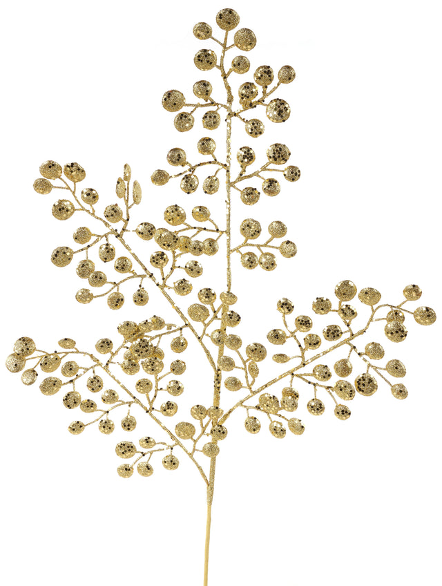 Pick spray designed to look like stems with rounded leaves. Covered in gold glitter.