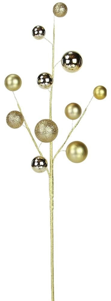 This image shows a pick spray with a gold stem with many gold branches. On each branch, there's a decorative ball in either a smooth, metallic or glitter finish.