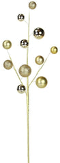 This image shows a pick spray with a gold stem with many gold branches. On each branch, there's a decorative ball in either a smooth, metallic or glitter finish.