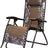 Folding recliner chair with a headrest. There are different color options. This image shows a black frame chair with brown camouflage sling fabric.