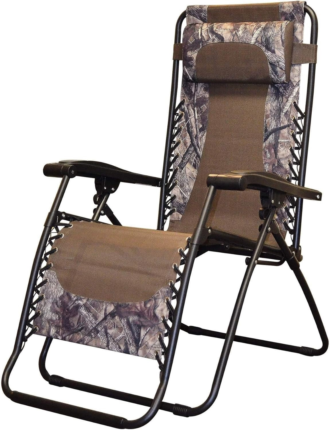Folding recliner chair with a headrest. There are different color options. This image shows a black frame chair with brown camouflage sling fabric.