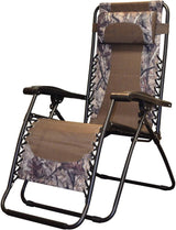 Folding recliner chair with a headrest. There are different color options. This image shows a black frame chair with brown camouflage sling fabric.