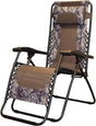Folding recliner chair with a headrest. There are different color options. This image shows a black frame chair with brown camouflage sling fabric.