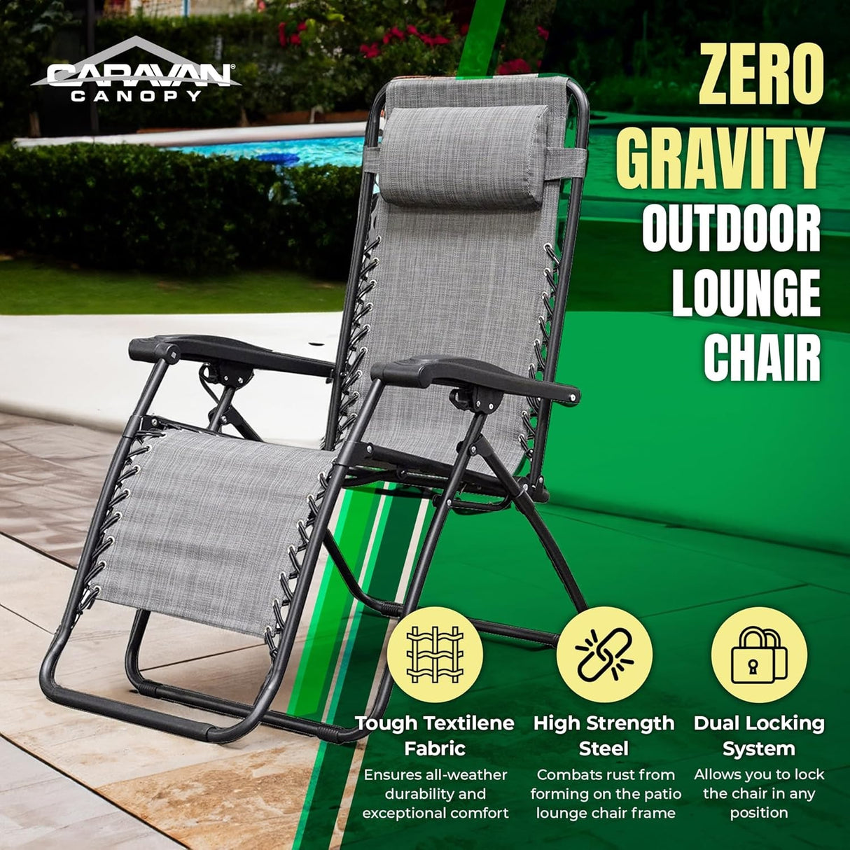 Zero Gravity Outdoor Lounge Chair. The tough textilene fabric ensures all-weather durability and exceptional comfort. The high strength steel combats rusts from forming on the patio lounge chair frame. The dual locking system allows you to lock the chair in any position. This shows the grey chair option.