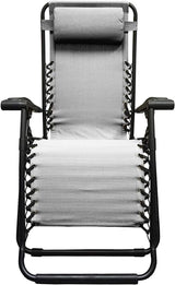 Folding recliner chair with a headrest. There are different color options. This image shows a black frame chair with grey sling fabric. This is the view from the front.
