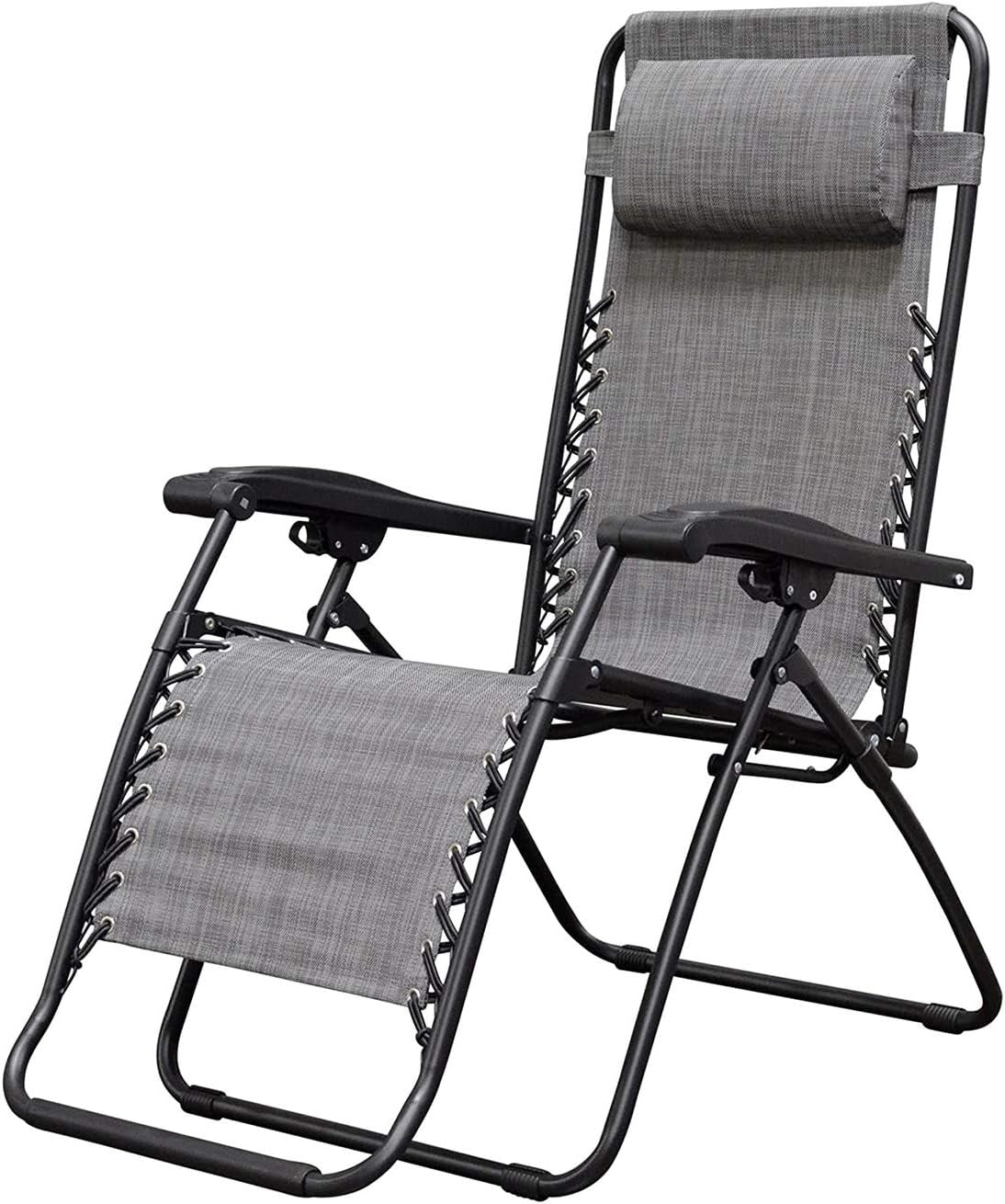 Folding recliner chair with a headrest. There are different color options. This image shows a black frame chair with grey sling fabric.