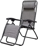 Folding recliner chair with a headrest. There are different color options. This image shows a black frame chair with grey sling fabric.
