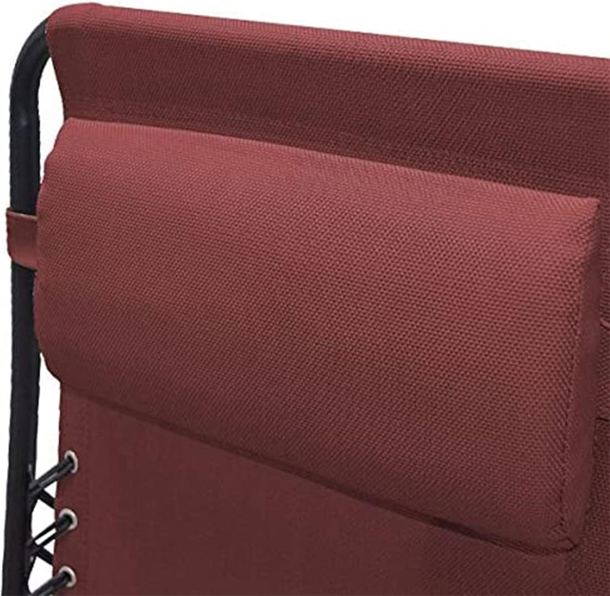 This is an up close view of the chair's headrest, as well as the burgundy fabric color.