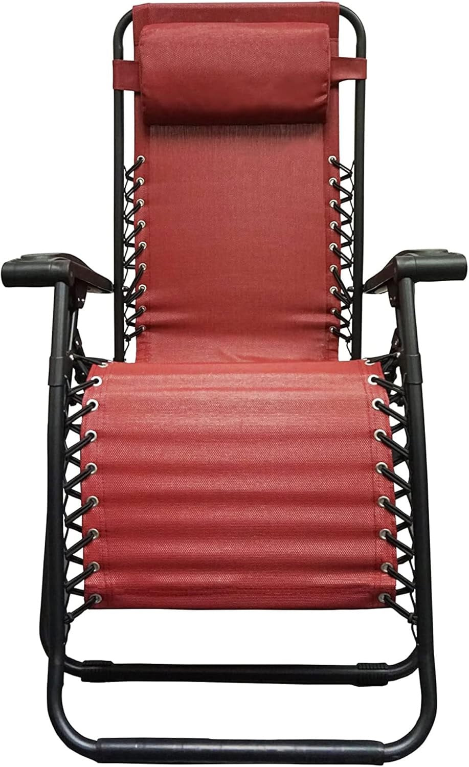 Folding recliner chair with a headrest. There are different color options. This image shows a black frame chair with burgundy sling fabric. This is the view from the front.