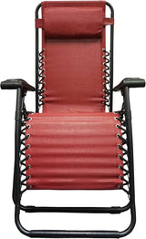 Folding recliner chair with a headrest. There are different color options. This image shows a black frame chair with burgundy sling fabric. This is the view from the front.