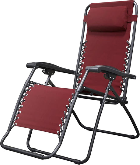 Folding recliner chair with a headrest. There are different color options. This image shows a black frame chair with burgundy sling fabric.